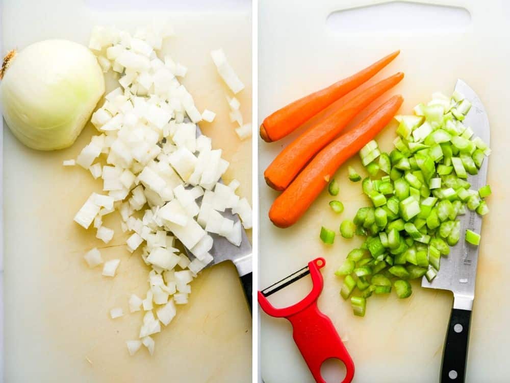 cutting mirepoix for hearty vegetable soup.