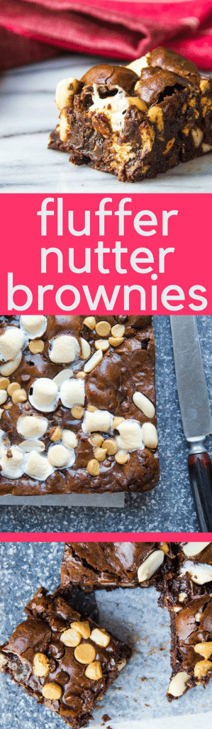 The best fudge brownie recipe! Fluffer Nutter Brownies with peanut butter and chocolate chips, marshmallows and roasted peanuts are intensely fudgy! #brownies #fudgebrownies #peanutbutterbrownies #marshmallowbrownies #peanuts #chocolatechips #peanutbutterchips #nuttybrownies #bestfudgebrownies #chocolate #desserts #brownies #homemadebrownies #decadentbrownies