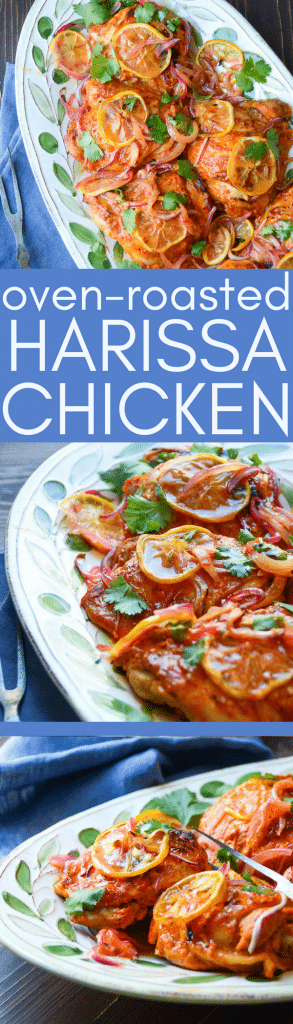 Want a twist on your old chicken thighs recipe? Easy Oven-Roasted Harissa Chicken is full of spice and flavor! Homemade harissa marinade over juicy baked chicken thighs is an easy dinner. #chickenthighs #easychickenthighs #easychickendinner #chickenrecipe #harissa #ottolenghi #middleeasternfood #middleeasternchicken #homemadeharissa #easychickenrecipe