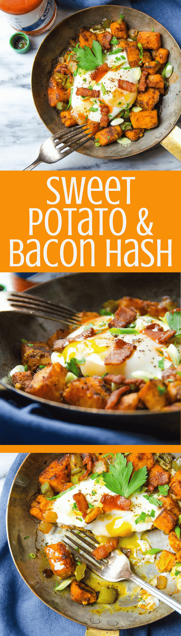 Sweet Potato and Bacon Hash is an easy diner-style skillet breakfast. Great for a lazy Sunday brunch or breakfast for dinner! #breakfast #brunch #hash #sweetpotatohash #bacon #eggs #hotsauce #skilletbreakfast #skillethash #homemadehash #weekendbreakfast