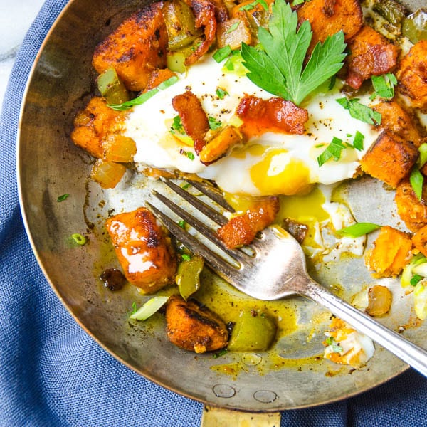 Sweet Potato and Bacon Hash in a skillet