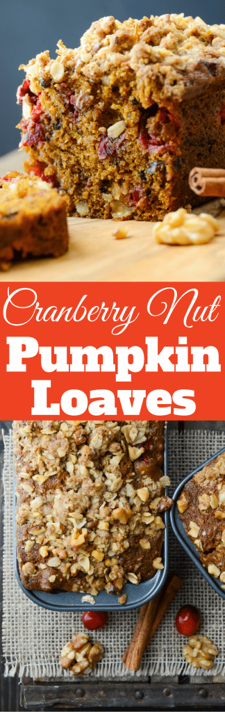 Looking for an easy pumpkin bread with a twist? This simple recipe for Cranberry Nut Pumpkin Loaves has cranberries, nuts and a streusel topping!