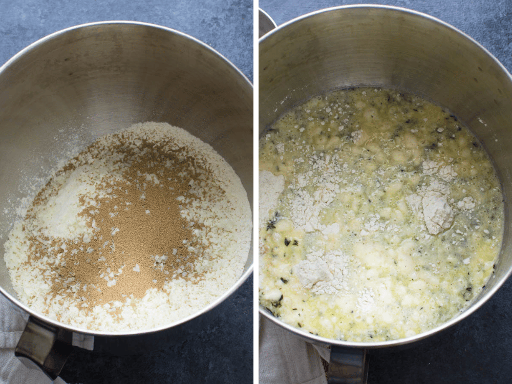 mixing wet and dry ingredients for soft dinner rolls.