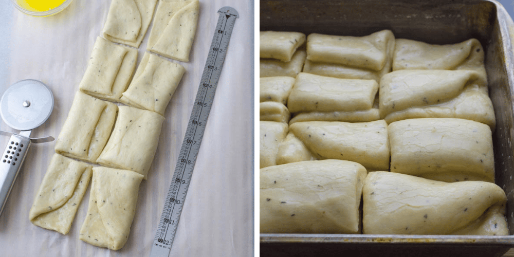 cutting easy homemade yeast rolls and arranging in pan.