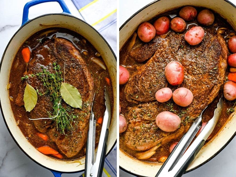 adding herbs and potatoes to the dutch oven pot roast.