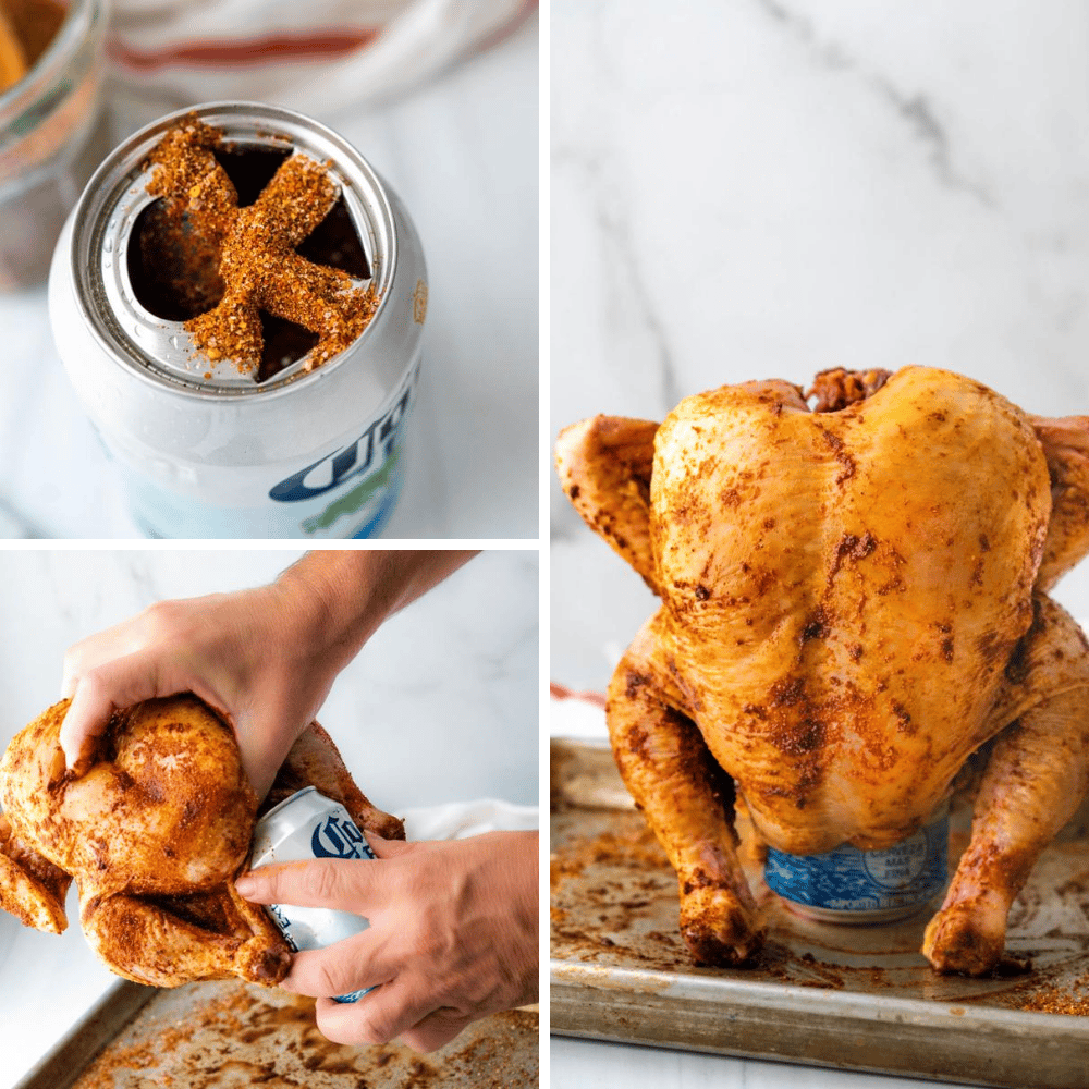 Inserting the beer can into the butt end of the chicken to make a stand.