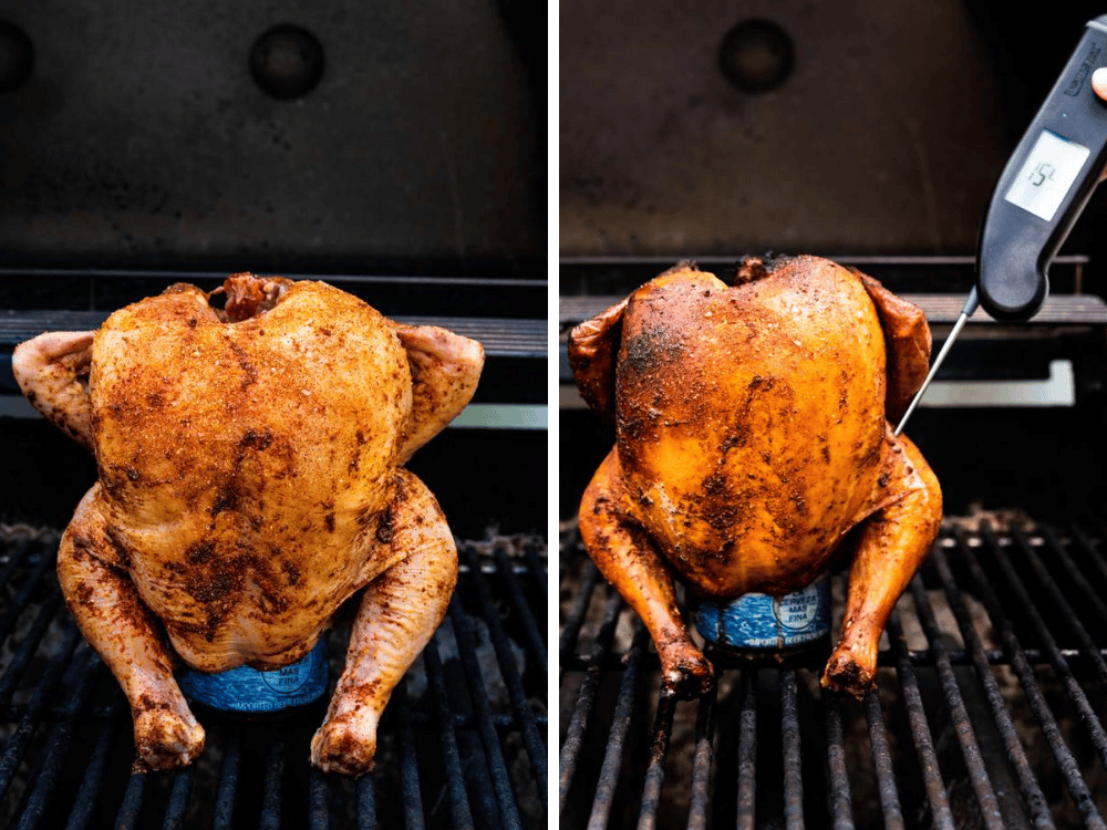 BBQ beer can chicken on the grill and checking the temperature after 45 minutes. 