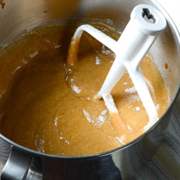 pumpkin bread batter with paddle.