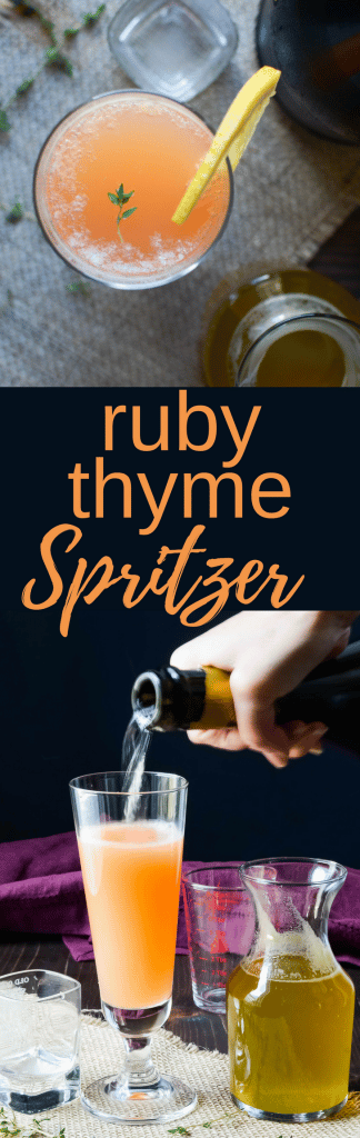 Ruby Thyme Spritzers are a spirited brunch cocktail! Great for holidays and celebrations w/ honey thyme simple syrup, ruby red grapefruit juice & prosecco.