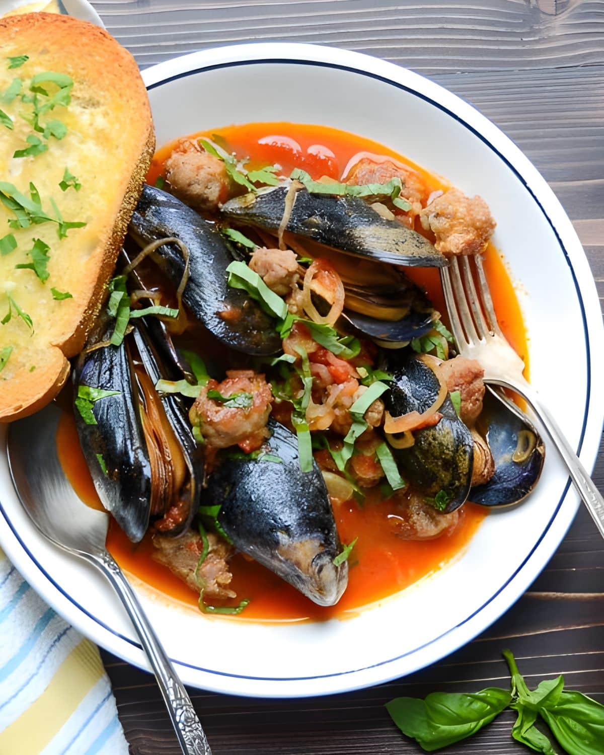A bowl of mussels and sausage.