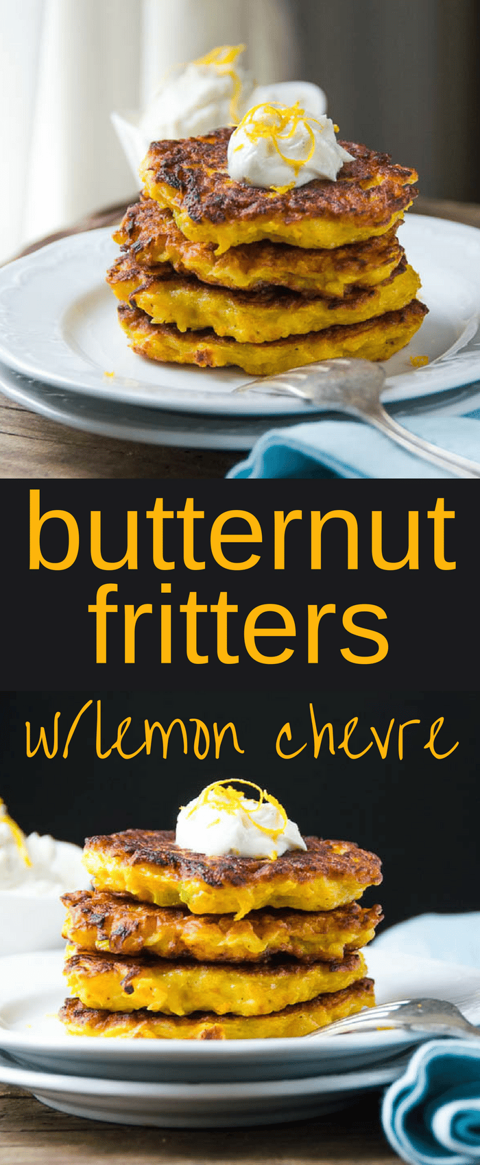 This easy recipe for butternut fritters with lemon chevre make an excellent appetizer or a delicious vegetarian side dish to any meal. Great for holidays! #sidedish #vegetarian #butternutsquash #fritters #christmasdinner #thanksgivingdinner #holidaydinner #squash #butternut #chevre #goatcheese #vegetablefritter