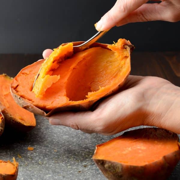 scoop flesh from sweet potatoes