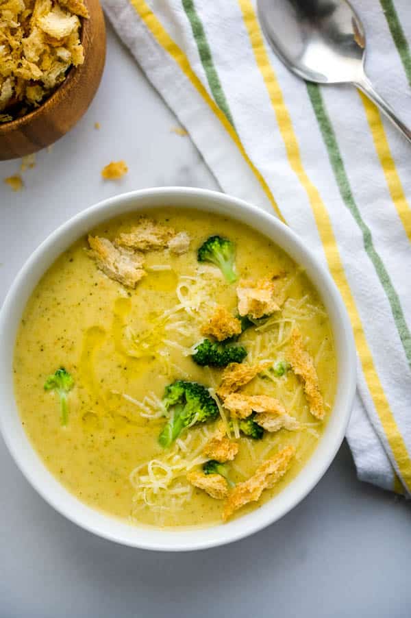 Serving creamy vegetable soup with truffled croutons.
