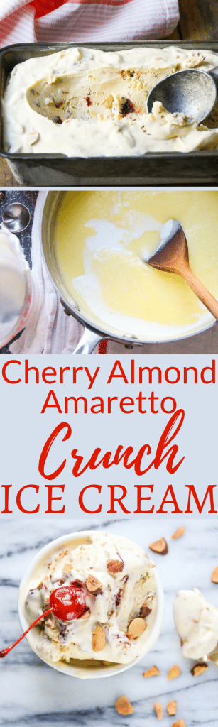 If you love almond ice cream, then you'll love it even more when we add amaretto. But wait, amaretto ice cream is just the start. Macerated cherries dapple the custard and a crunchy toasted almonds add more texture. Cherry Amaretto Crunch Ice Cream is like nothing you've had before. #homemadeicecream #amarettoicecream #almondicecream #cherryalmondicecream #cherryicecream #icecreammaker #frozendessert #cherries #almond #amaretto #eggs #custardbase