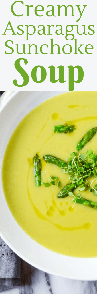 This Creamy Asparagus Sunchoke Soup recipe is a healthy, delicious, vegan appetizer or light main course with a salad and crusty bread!