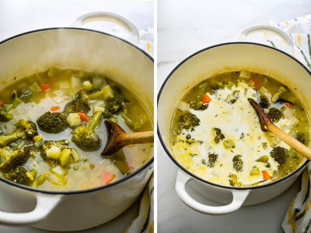 adding cream to simmered vegetables for creamy vegetable soup.