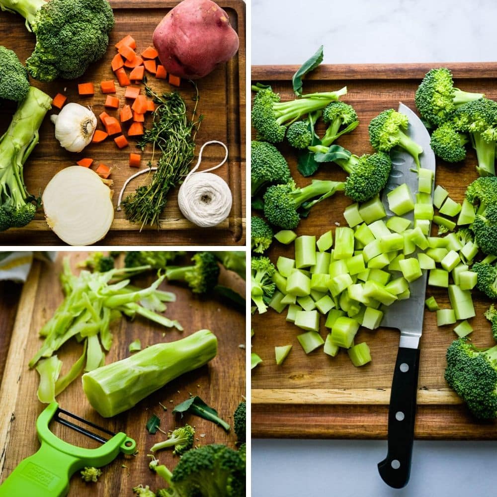 prepping vegetables and peeling broccoli stems.