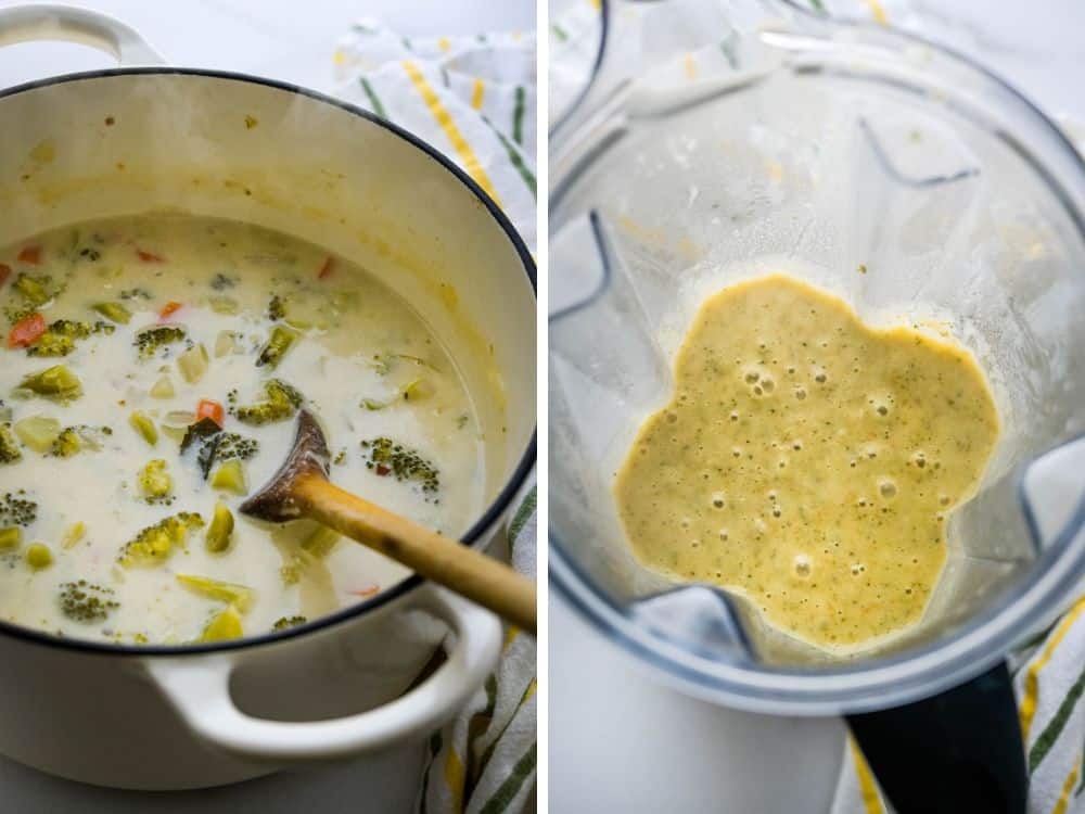 pureeing creamy broccoli soup in batches in a blender.