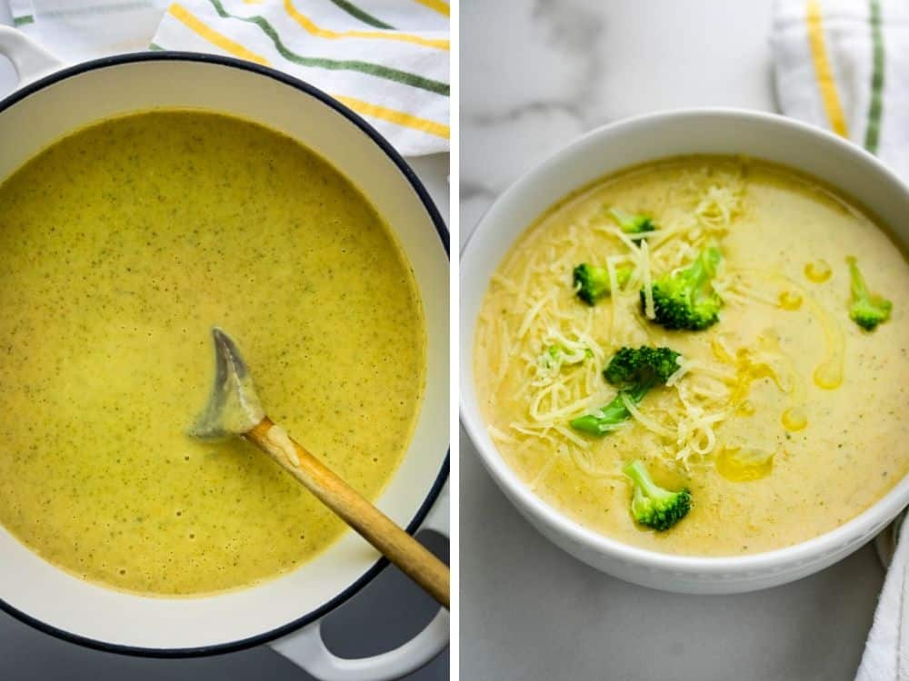 Serving creamy vegetable soup in a bowl with truffle oil and extra cheese and broccoli.