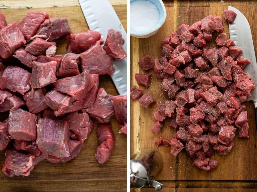 dicing chuck roast into small cubes on a cutting board.