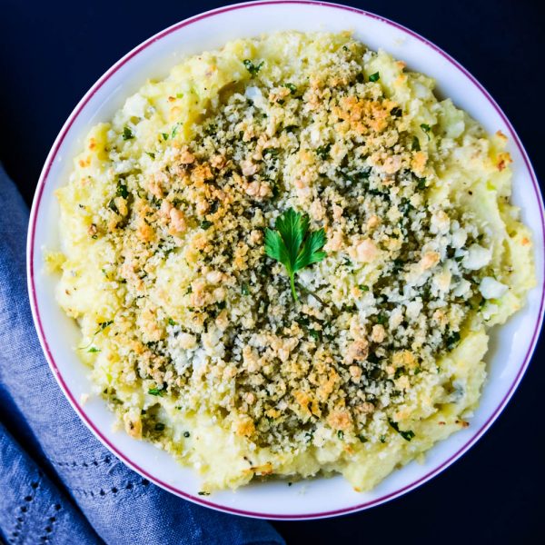 Easy Potato Bake with Blue cheese and crumb topping.