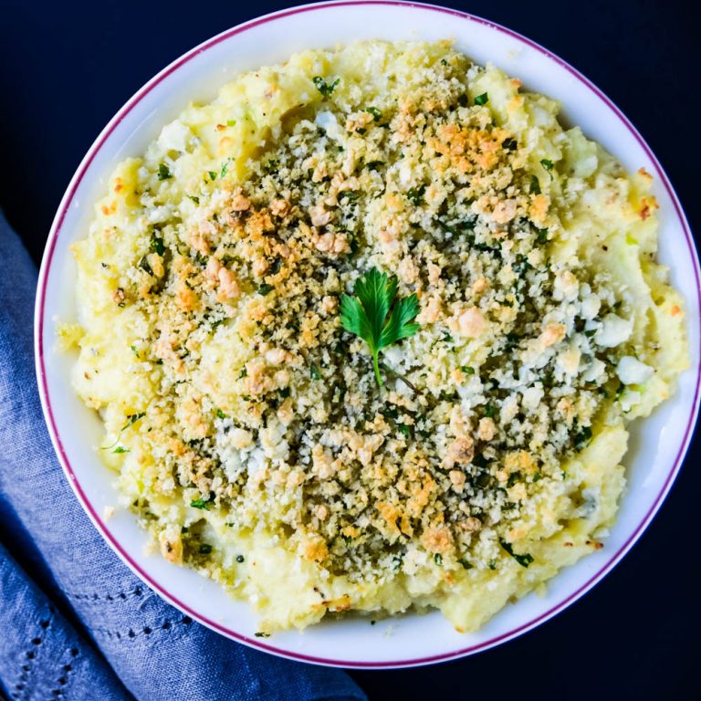 Easy Potato Bake with Blue cheese and crumb topping.