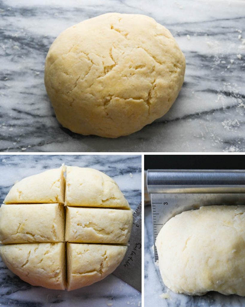potato gnocchi dough and dividing the dough into sections.