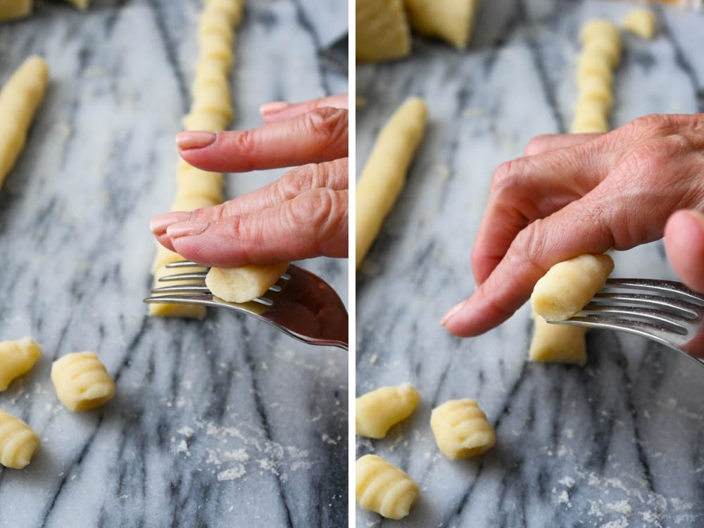 rolling gnocchi over the tines of a fork to create ridge.