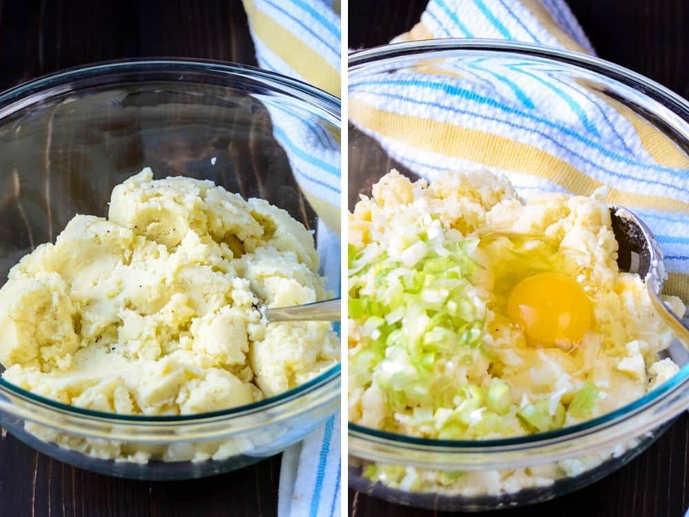 leftover mashed potatoes, eggs and scallions being mixed in a bowl.