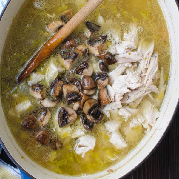 chicken and mushrooms in broth