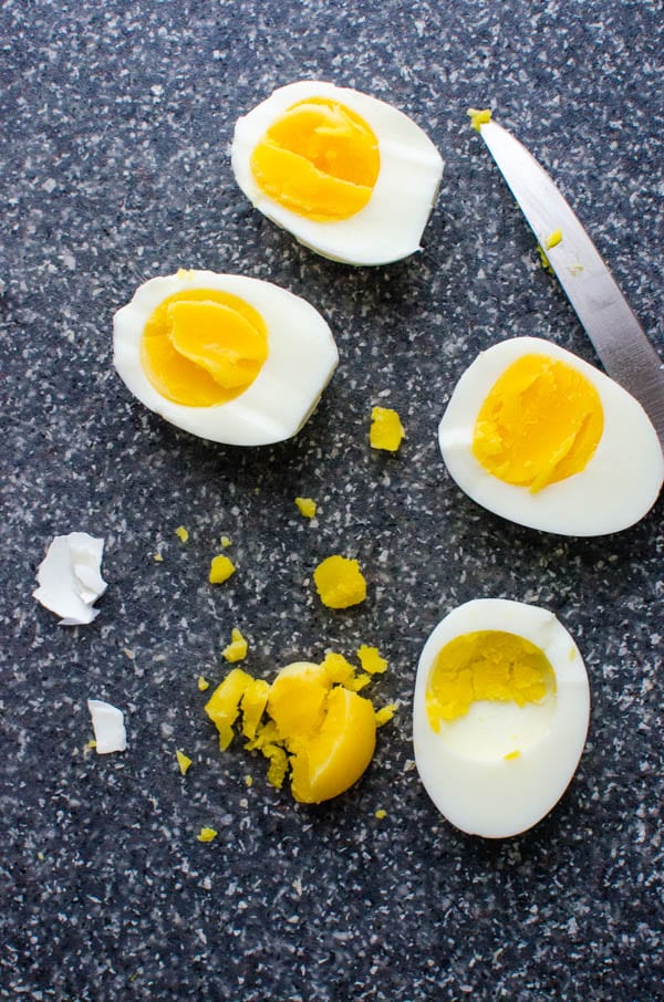 hard boiled eggs, peeled and sliced in half.