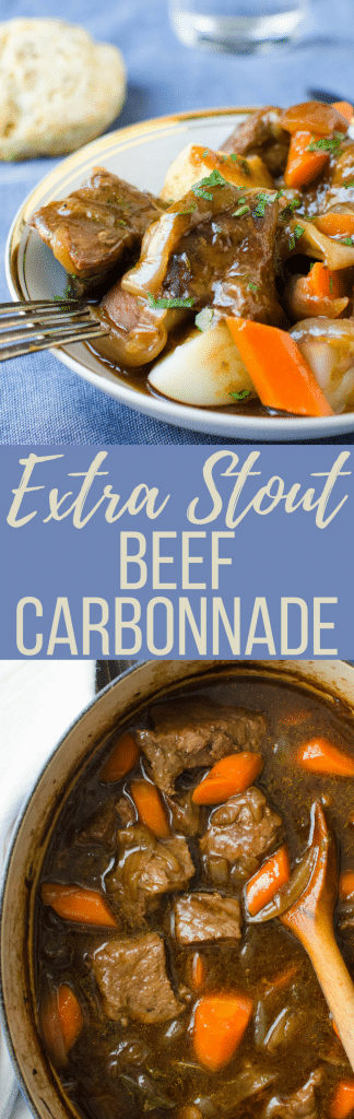 The BEST beef stew recipe is this Extra Stout Beef Carbonnade with potatoes, onions and carrots simmered in Guinness Extra Stout! Hearty and warming! #beef #beefstew #carbonnade #beer #guinness #extrastout #comfortfood #stew #carrots #onions #beefstewrecipe #bestbeefstew #braising #slowcookerrecipes #dutchovenrecipes #stpattysday #saintpatricks #stpatricksdayrecipes