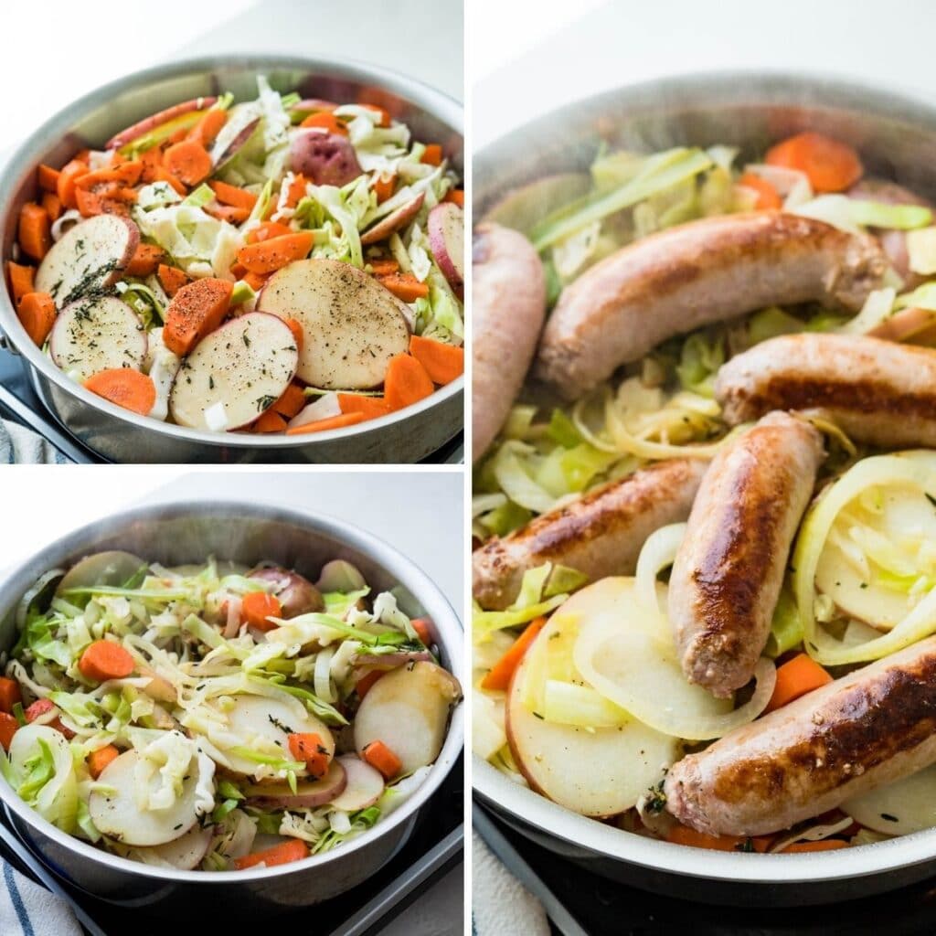 adding the vegetables to the skillet and cooking them down, then adding the Irish sausages.