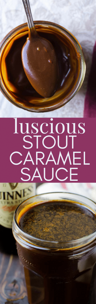 This homemade caramel sauce recipe is perfect for St. Patty's Day because it starts with Irish stout.  Deeply rich and nutty, Luscious Stout Caramel Sauce is a delicious ice cream sauce that's easy to make. #stpatricksday #stpattysday #stpattysdaydessert #dessert #icecreamtopping #icecreamsauce #caramel #caramelsauce #stout #irishstout #guinness #extrastout #homemadecaramelsauce #homemadecaramel #dessert #vegetarian #boozydesserts #dessertwithbooze #alcohol