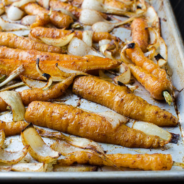 Roasted Spiced Carrots with Pistachios on sheet pan
