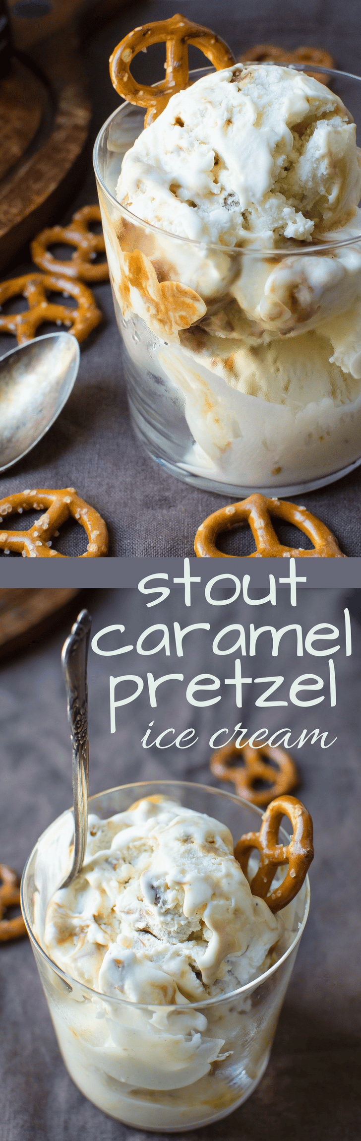 This Irish Stout sweet treat made with Guinness is rich and creamy! Stout Caramel Pretzel Ice Cream is the bar food answer to dessert! #icecream #guinness #stout #caramelsauce #pretzels #homemadeicecream #stpattysday #stpattysdessert #stpatricksday #dessert