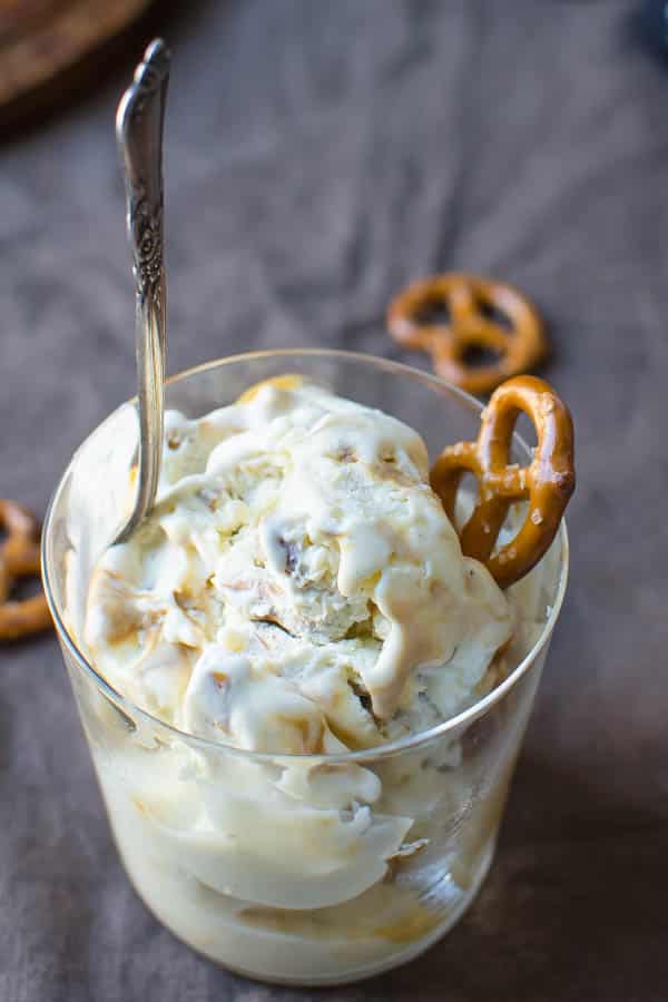 Stout Caramel Pretzel Ice Cream in a glass with spoon
