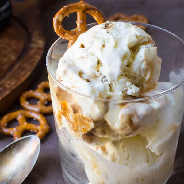 Stout Caramel Pretzel Ice Cream with pretzels