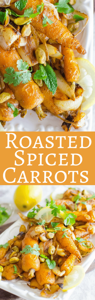 This easy recipe for Roasted Spiced Carrots with Pistachios transforms plain veg into a Moroccan inspired delight with cinnamon, cumin and loads of fresh herbs! Vegan!