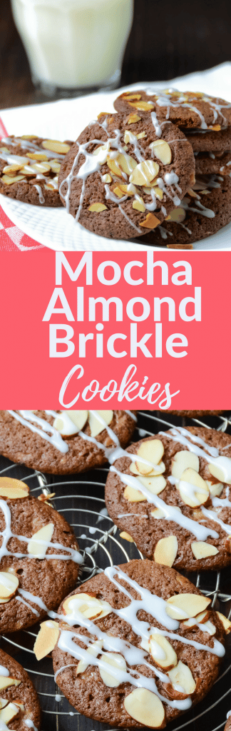 Need a simple chocolate cookie recipe: Mocha Almond Brickle Cookies are chocolatey and crispy with a bit o' brickle, sliced almonds and a drizzle of glaze.