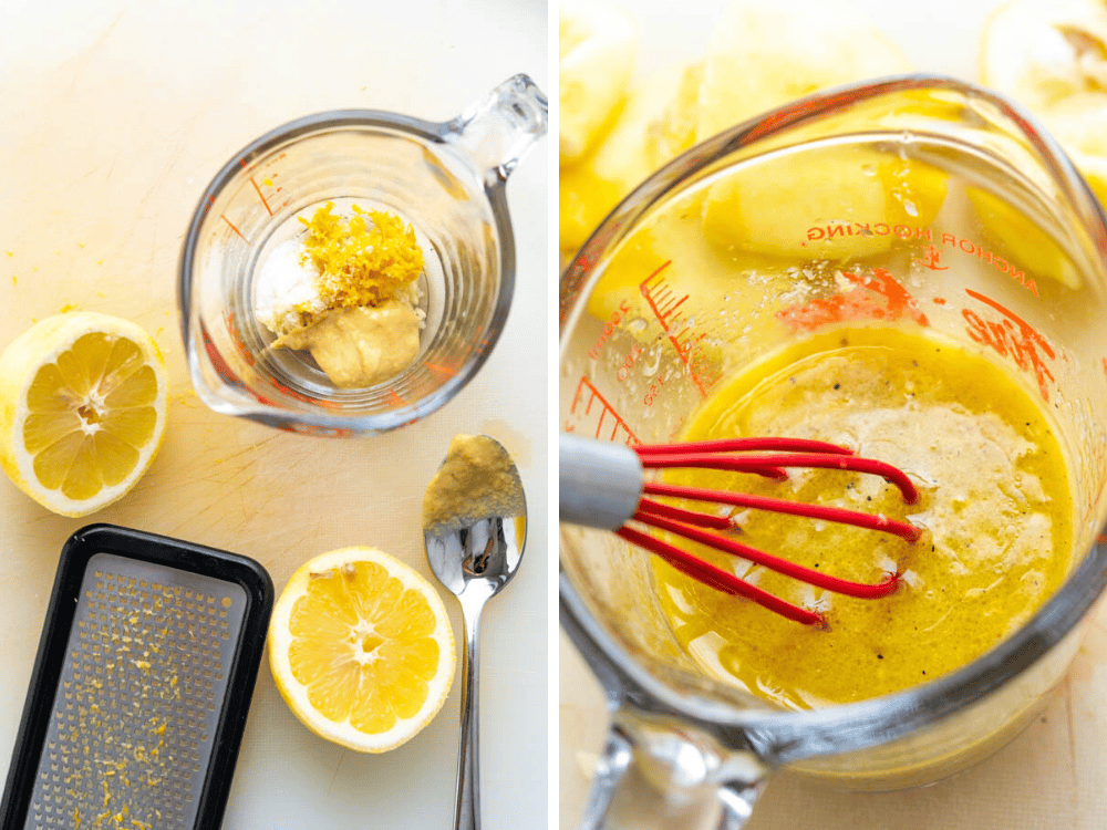 making easy citrus vinaigrette in a glass measuring cup.
