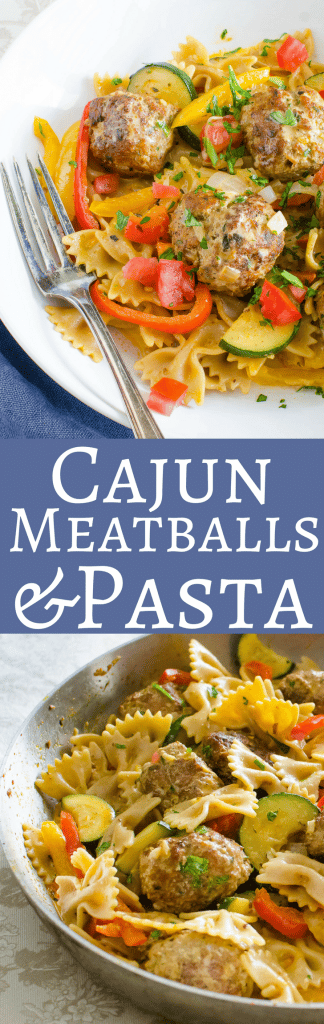 This easy comfort food recipe is loaded with veg, tender pork meatballs and spiked with a cajun cream sauce! Get the recipe for Cajun Meatballs and Pasta here! #pasta #bowtiepasta #cajun #mardigrasrecipes #mardigras #pork #porkmeatballs #cajuncreamsauce #creamsauce #zucchini #peppers #tomatoes #comfortfood #comfortfooddinner #easydinnerrecipes