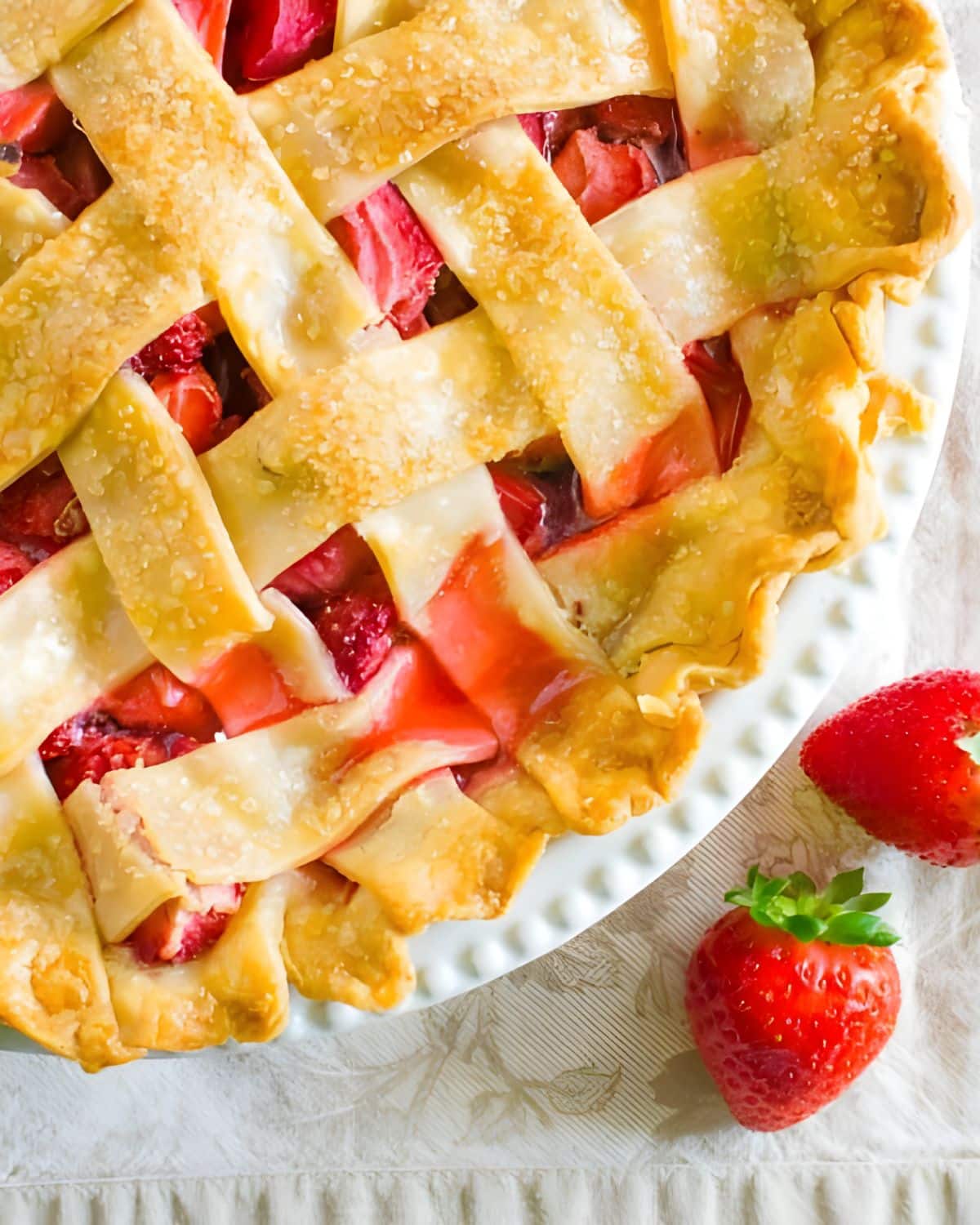 Strawberry rhubarb pie with lattice crust.