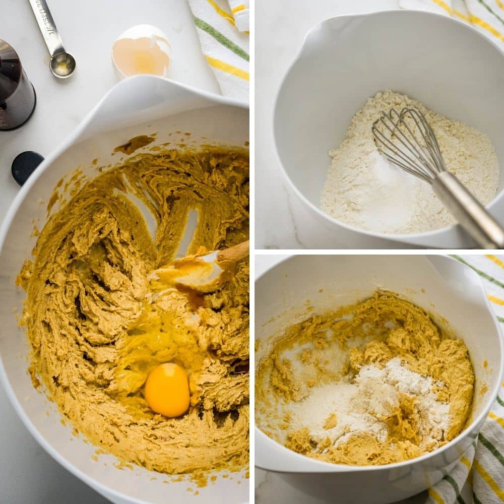 blending the white chocolate peanut butter cookie dough in a bowl and adding dry ingredients.