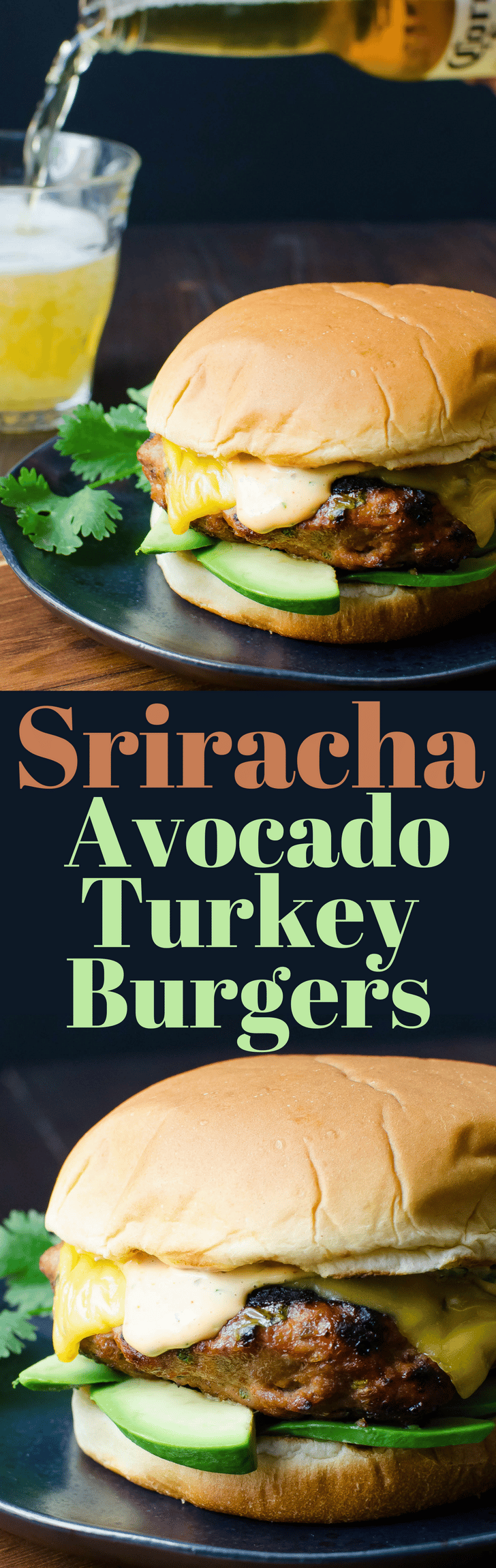 These easy, homemade ground turkey burgers are juicy, moist and spicy with a tangy, creamy sriracha sauce, melty cheese and fresh avocado and cilantro. The best grilled burgers for a cookout or picnic. #turkeyburgers #srirachasauce