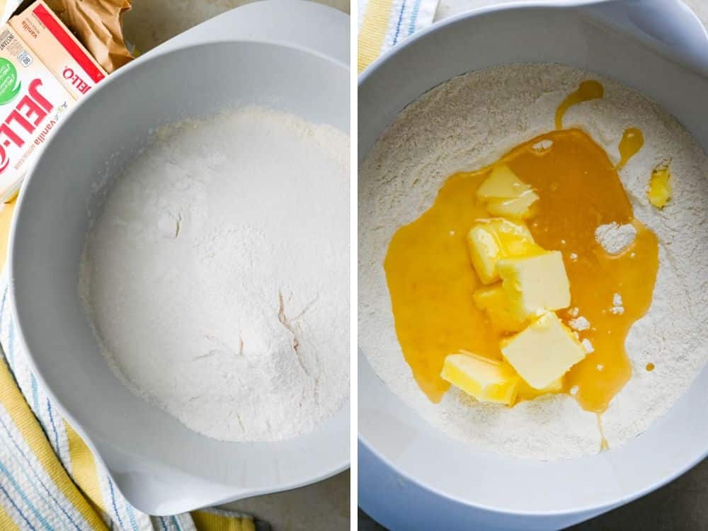 mixing dry ingredients with butter and oil for the passion fruit cake recipe.