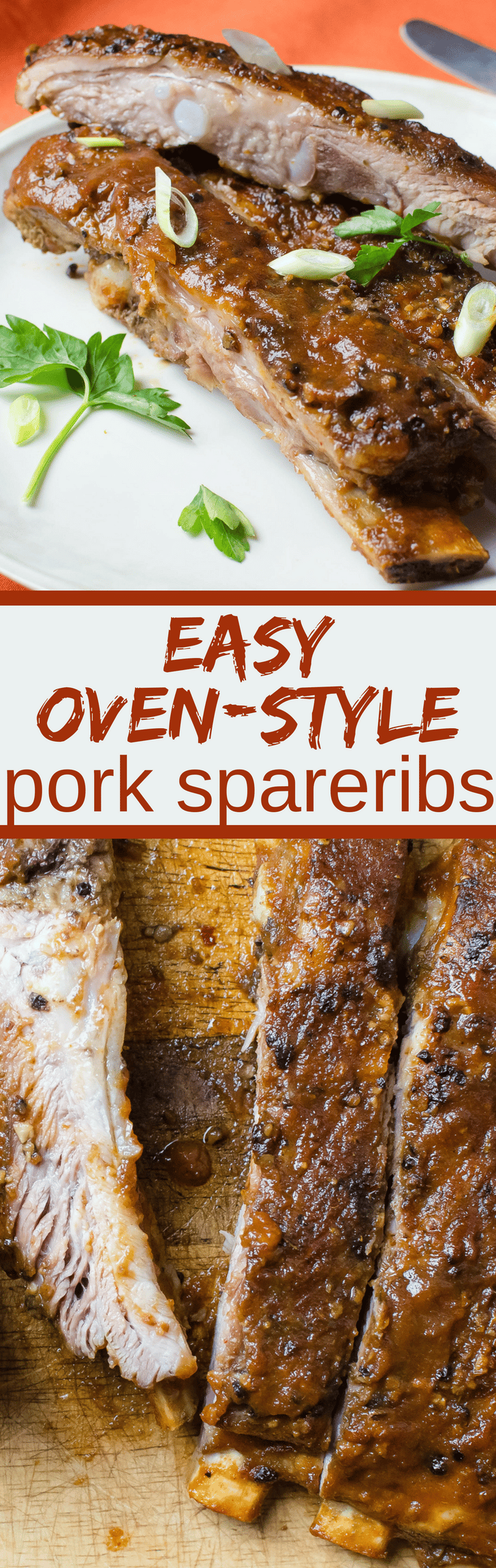 Want a foolproof recipe for perfectly tender ribs? With a few pantry staples you can make Easy Oven-Style Pork Spareribs. No grill required. #ribs #spareribs #barbecuedribs #barbecue #BBQ
