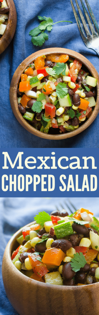 This simple Mexican Chopped Salad recipe has fresh vegetables, black beans and a smoky vinaigrette. It's great side dish or easy vegetarian main course that's ready in minutes! #choppedsalad