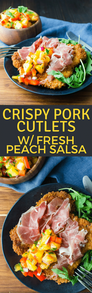 Want a great cutlet recipe? Crispy Pork Cutlets with Fresh Peach Salsa is an easy, delicious dinner for any night. Topped with salty prosciutto and fresh peach salsa, the flavors pop! #pork #porktenderloin #cutlets #porkcutlets #porktenderloinrecipe #peachsalsa #prosciutto #panko #porkdinner #tenderloinrecipe #tenderloindinner #bellpeppers #friedpork #castironskillet #weeknightdinner #weekenddinner #easydinnerrecipe