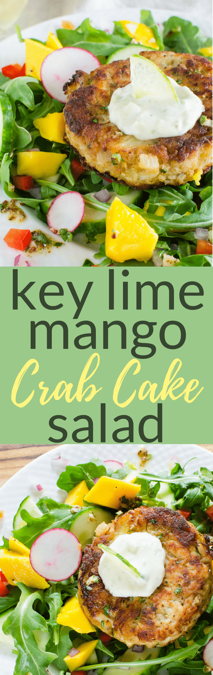 Want the BEST crab cake salad recipe? Key Lime Mango Crab Cake Salad w/ tropical key lime dressing, chunks of mango and crunchy veg. Like an island vacation! #crab #crabcake #crabcakesalad #salad #tropicalsalad #mangoes #keylime #keylimedressing #easysaladrecipe #seafoodsaladrecipe #keylime #citrusdressing #homemadecrabcakes #bestcrabcakesalad #lowcarbsalad 